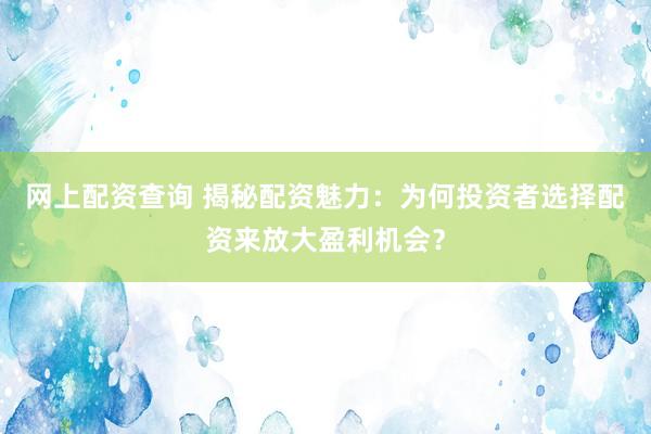 网上配资查询 揭秘配资魅力：为何投资者选择配资来放大盈利机会？