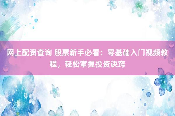 网上配资查询 股票新手必看：零基础入门视频教程，轻松掌握投资诀窍