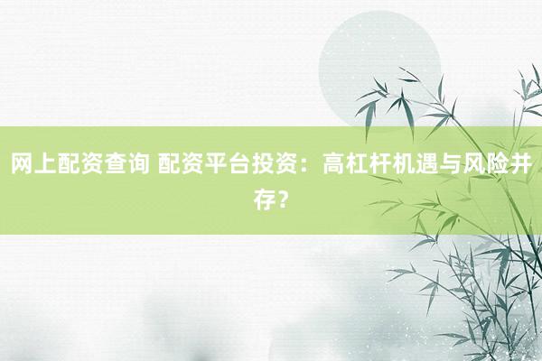 网上配资查询 配资平台投资：高杠杆机遇与风险并存？